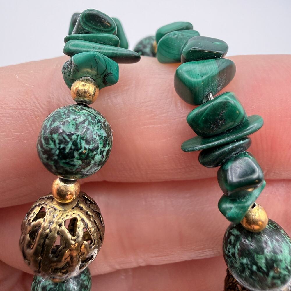 Genuine Malachite Chip Bead Long Necklace Green Gold Plated Filigree Ethnic 30"